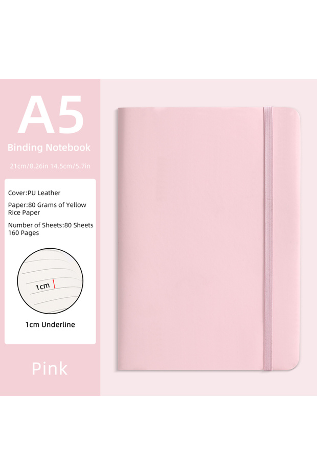A5 pink-160pages A5 PU Leather Binding Notebook - Purple,80 Sheets (160 Pages) 80gsm Yellow RicePape