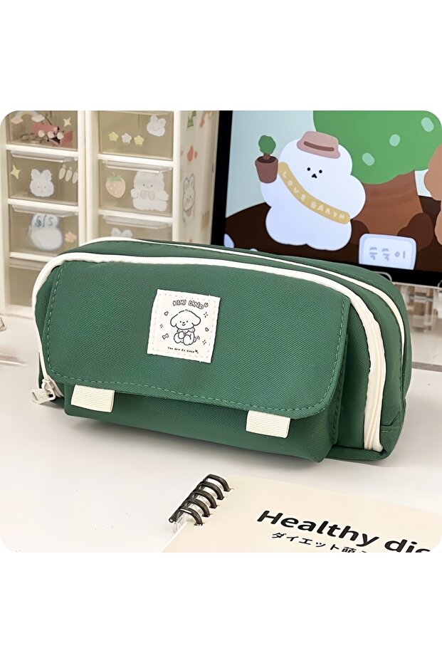 green Cartoon Dog Pencil Bag Pen Case 4 Layer Multi Slots Mesh Storage Pouch for Stationery School A