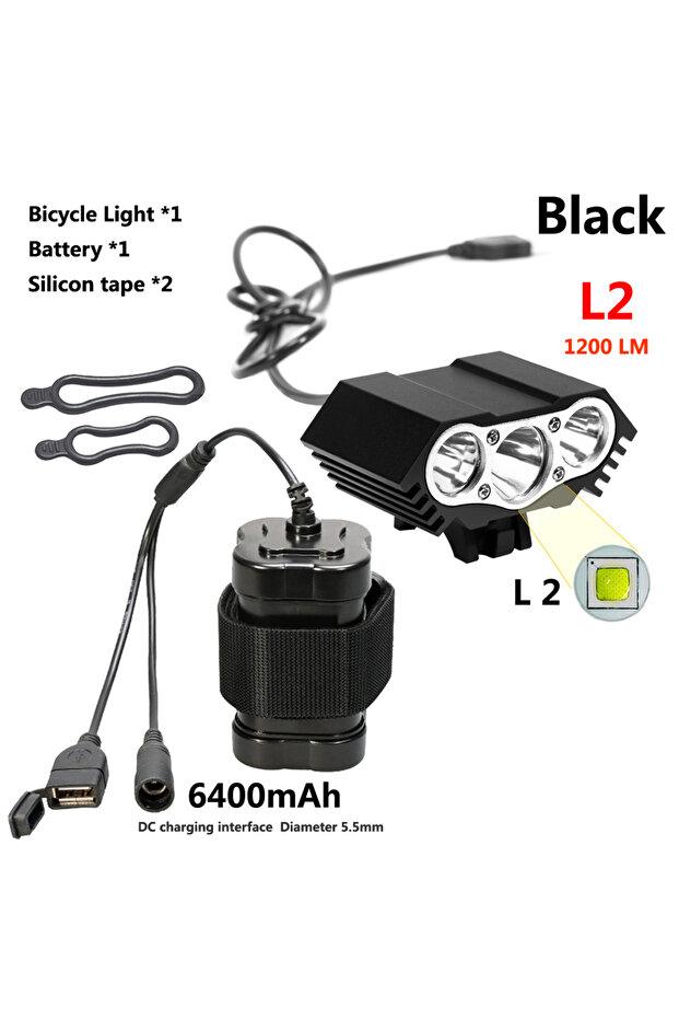 مصباح دراجة أمامي LED أسود L2 بـ 4 أوضاع T6/L2، مصباح قوي للدراجات، فانوس USB ببطارية 6400 مللي أمبير