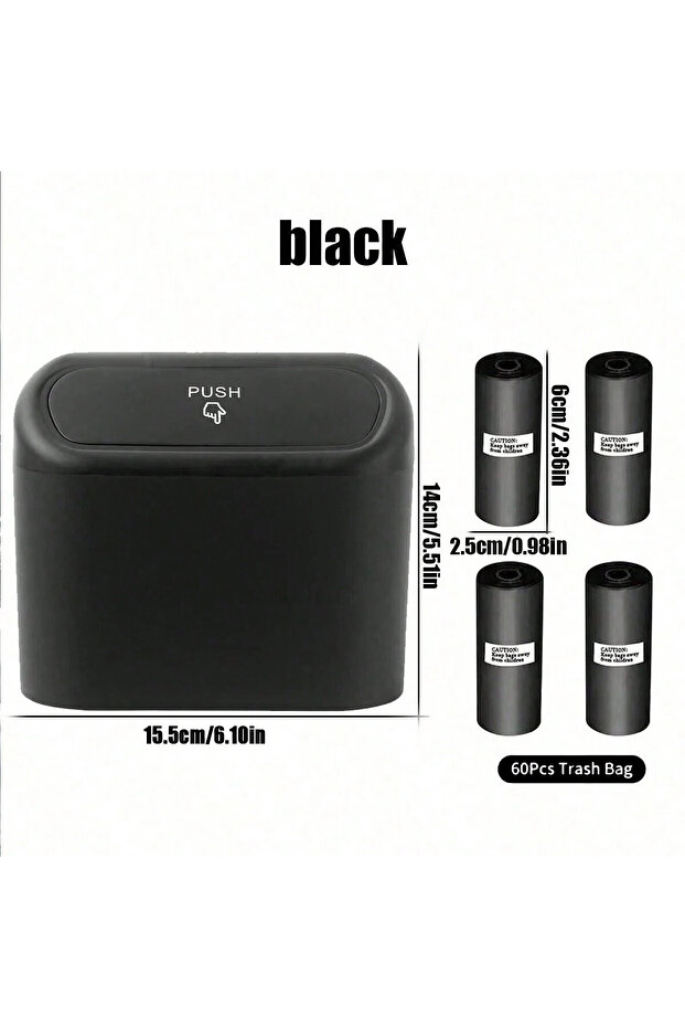 Black Kit Car trash can with lid - 4 rolls of garbage bag, leak-proof, portable hanging trash can fo