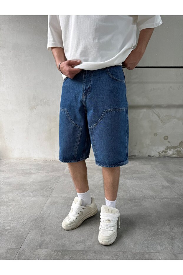 Part Stitched Dark Blue Bermuda Baggy Shorts