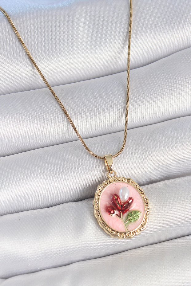 316L Steel Gold Color Chain Pink Enamel Pearl Flower Embroidered Portrait Model Women's Necklace 5886
