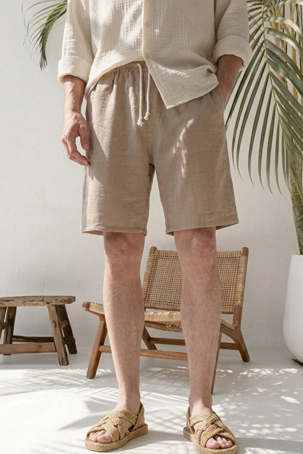 Men's Beige Regular Fit Comfortable Cut 100% Pure Cotton Lightweight and Anti-Sweat Muslin Shorts