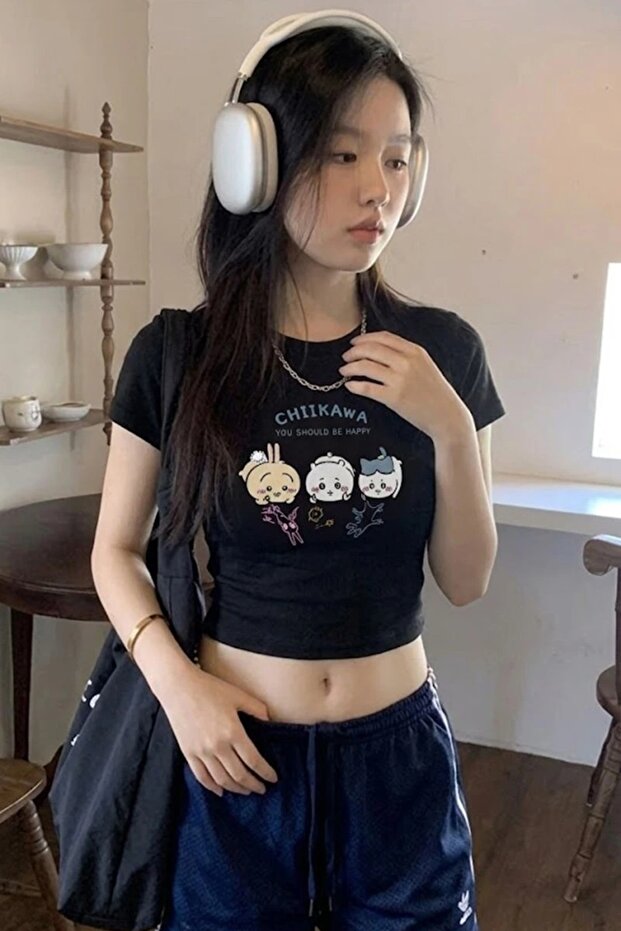 You Should Be Happy Printed Y2K Short Sleeve Crop Body