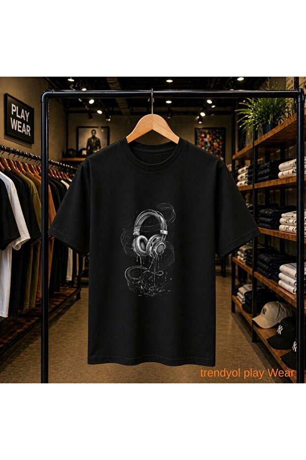 Music Headphone Front Chest Printed 100% Cotton Oversize Loose Regular Fit Crew Neck T-Shirt