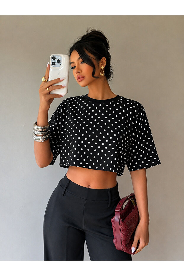 Women's Polka Dot Patterned Crop T-Shirt Basic Oversize Summer Blouse