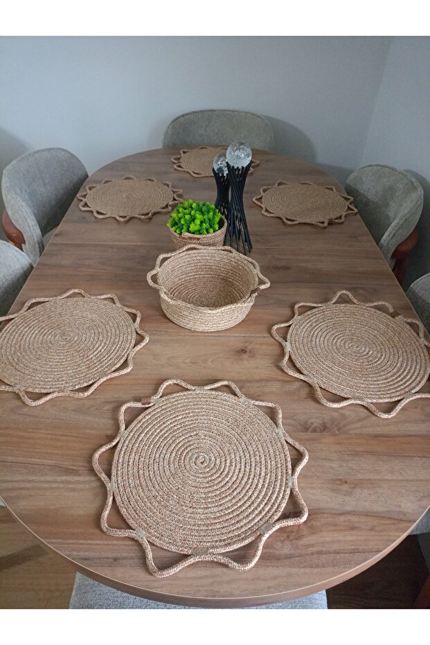 Bohemian Wicker Jute Tray and Bread Basket Set - 6+1 Piece Dining Table Set with Wavy Edges
