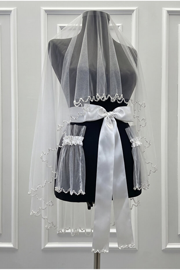White Bridal Veil Set, Sparkling Crystal Stone Decorated, Henna Night Veil Coverlet 6 Pieces