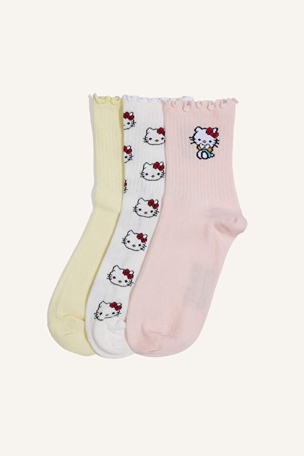 Women's Hello Kitty Ruffled 3-Piece Cotton Long Socks H2298Axns