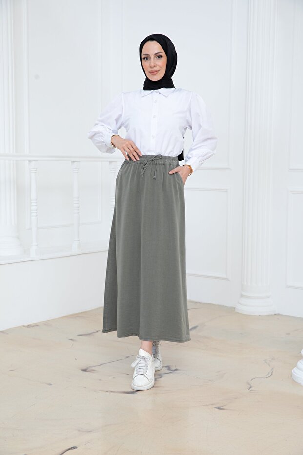 Elastic Waist Pocketed Tencel Skirt Khaki