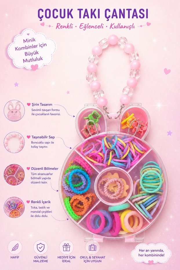 Girl's Hair Accessory Set Jewelry Bag with Rabbit Figure Colorful Hairpin Rubber Band Set Beaded Handle Bag with Compartments