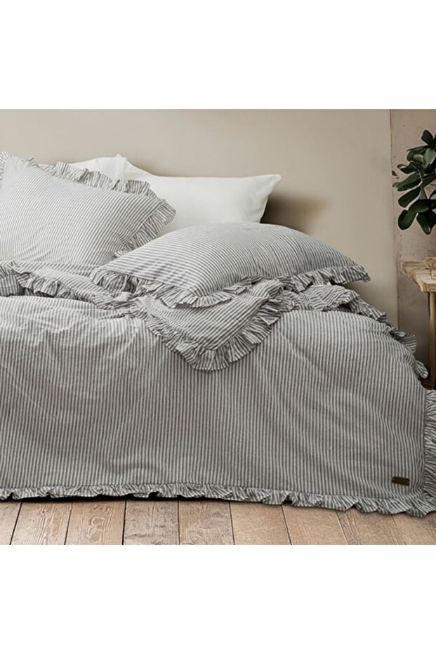 Double bed Ruffled bedding, 100% prewashed ranforce Cotton , Milagros Ren Solid - 2