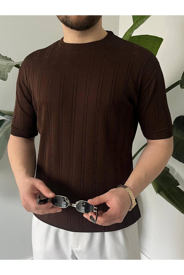 Men's Slim Fit Knitted Patterned Crew Neck Short Sleeve Lycra Knitwear T-Shirt
