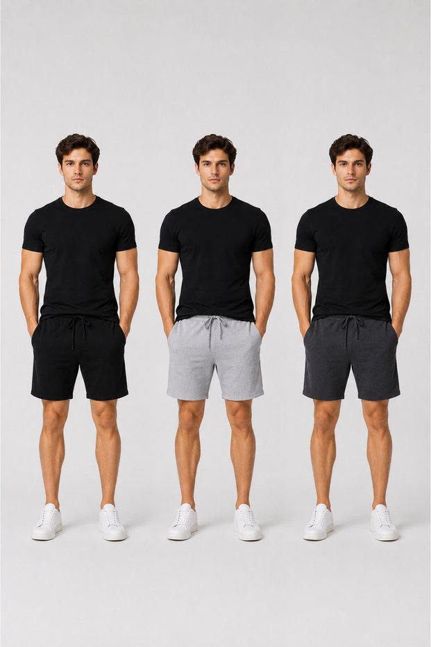Men's 3-Piece Shorts Set Black Gray Smoked Relaxed Fit Casual Shorts
