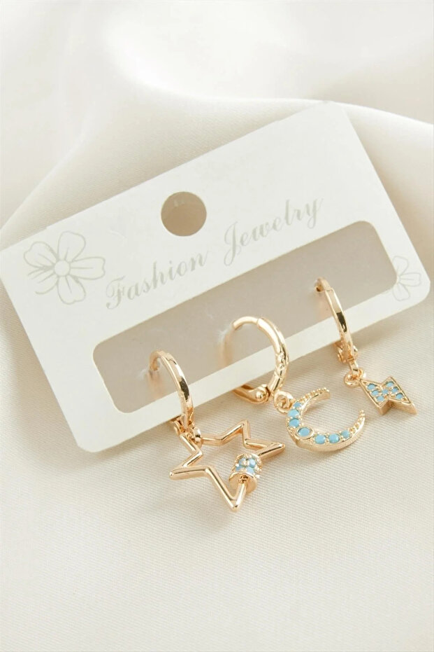 3 Pieces Crescent Star Zircon Stone Earrings