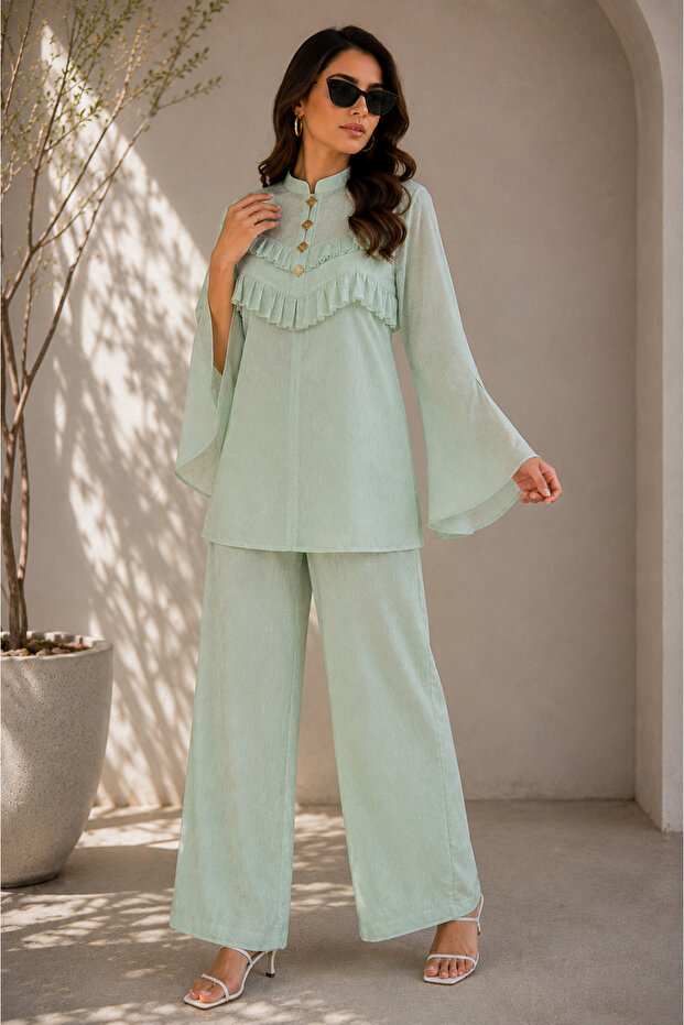 -Mint Green Textured Co-Ord Set with Ruffle Detail & Flared Sleeves