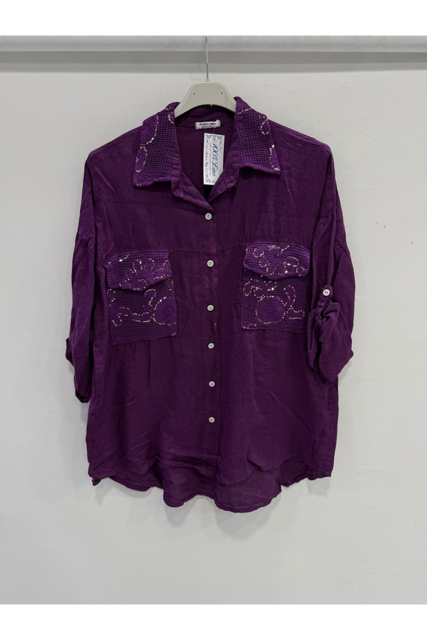 Women's Purple Italian Collar Sequin Embroidered Foldable Long Sleeve Oversize Linen Shirt Size 40 - 46