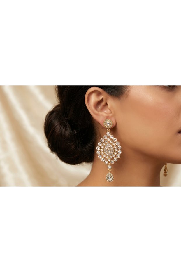 Royal Crystal Drop Earrings – Luxury Gold Bridal & Party Wear Earrings for Women