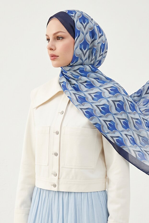 Ikat Pattern Navy Blue Soft Cotton Shawl