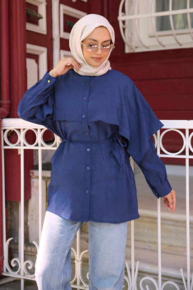 Navy Blue Cape Collar Shirt with Tie Strings