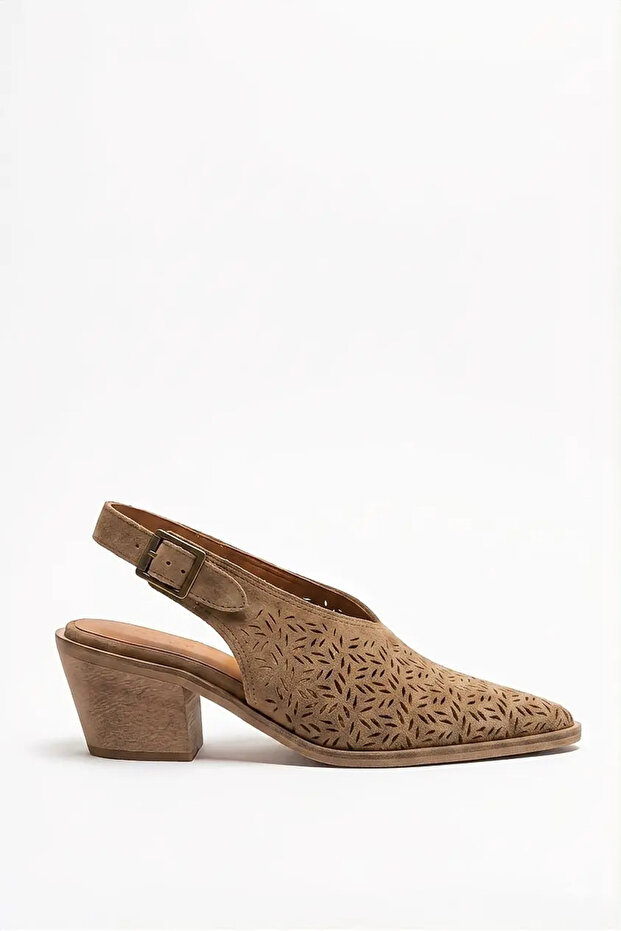 Zelda Mink Suede Embroidered Genuine Leather Pointed Toe Open Back Thick Heeled Shoes