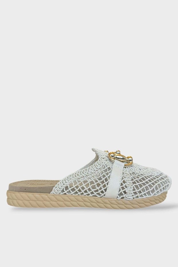 Gold Buckle Detail Straw Weave Women's Slippers Beige