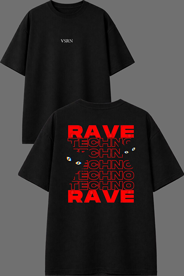 Rave Techno Rave Design Front and Back Printed Black Oversize t Shirt