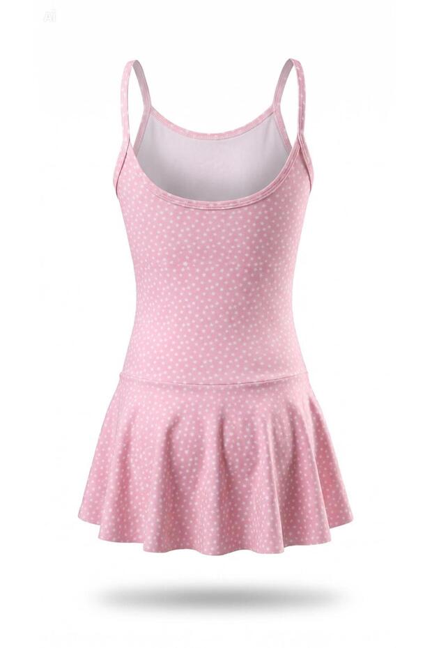 Girl's Pink Star Patterned Skirted Dress Swimsuit
