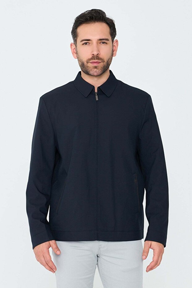 Navy Blue Men's Seasonal Coat with Side Pockets and Zipper
