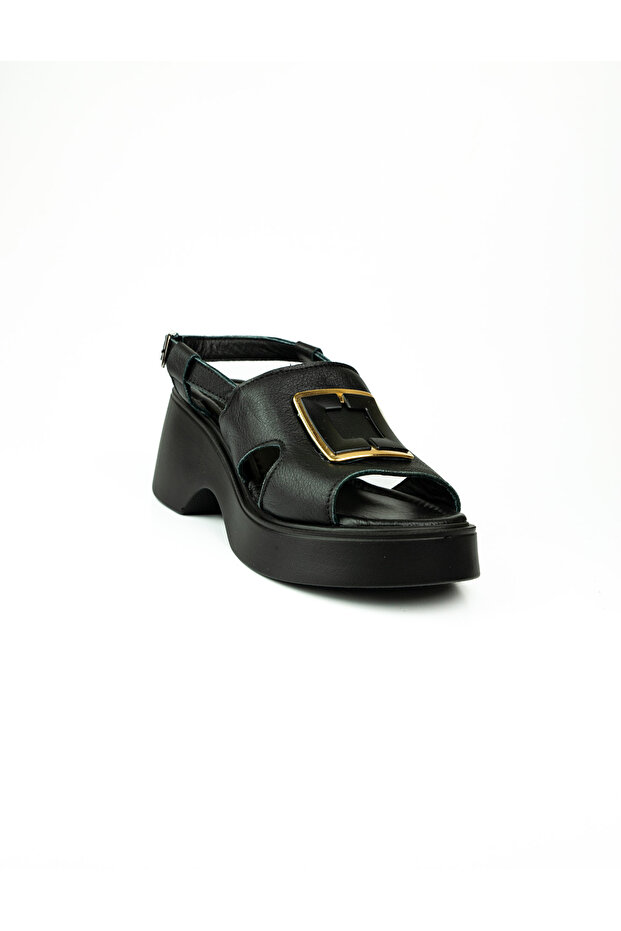 4121 Black Leather Wedge Heeled Women's Sandals