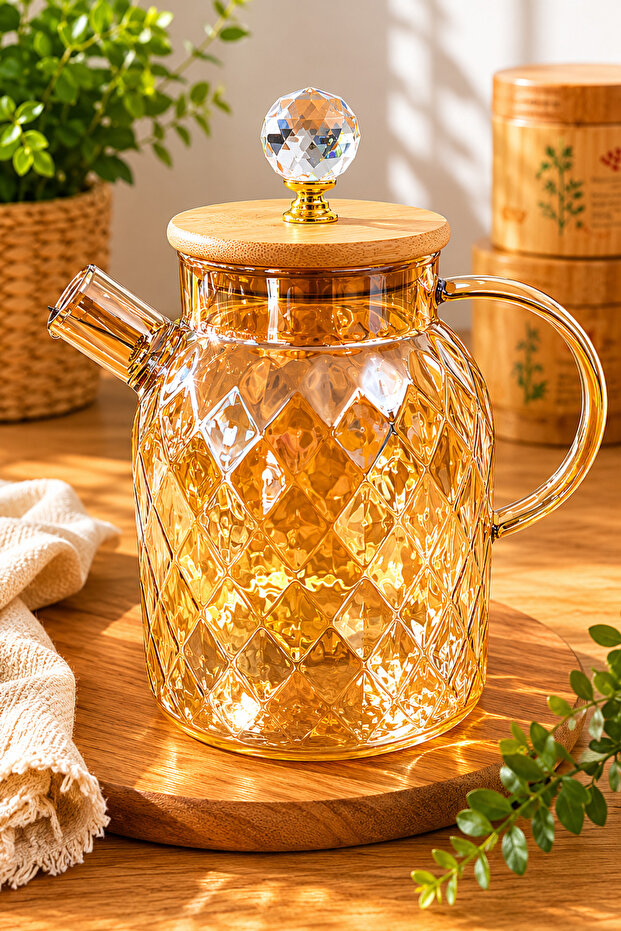Crystal Lid Amber Glass Teapot with Bamboo Lid