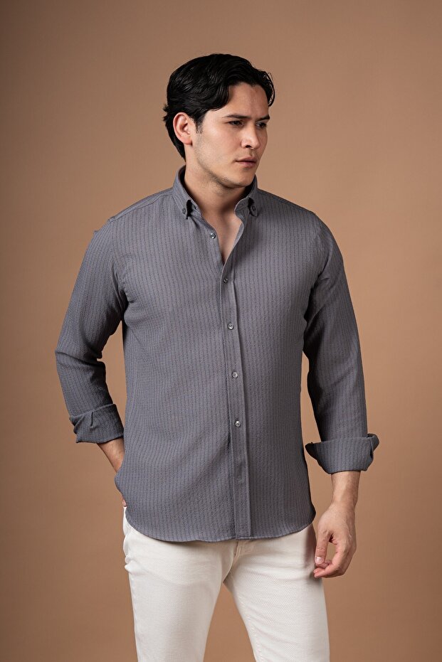 Slimfit Collared Buttoned Lycra Stretch Fabric Striped Summer Shirt