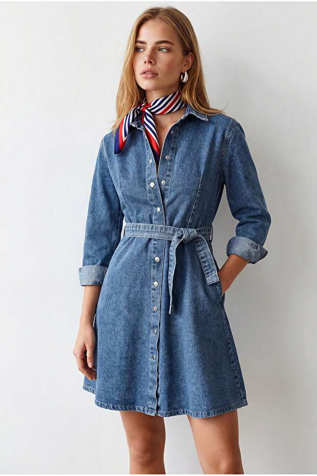 Women's Light Blue Belted Flared Denim Dress with Pockets Elb-19002267