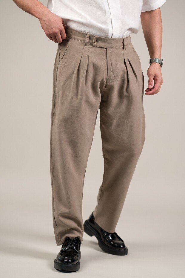 Double Pleated Summer Modal Fabric Baggy Pants with Half Elastic Waist