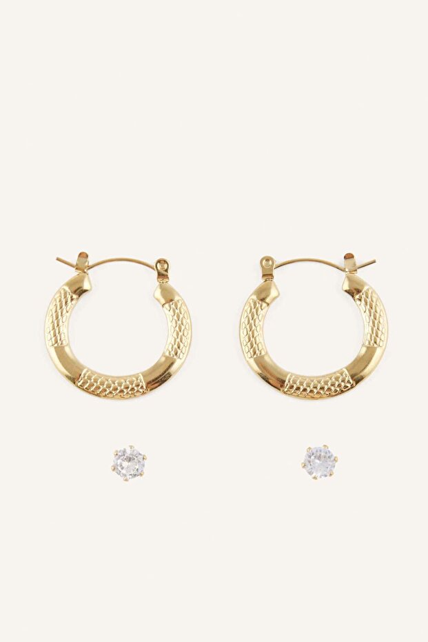 Women's Gold Color 2-Piece Hoop Steel Earrings H2242Axns