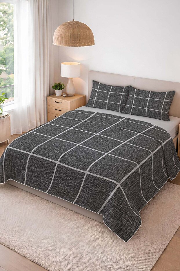 Shiny Velvet Fabric Quilted Double Bedspread Set (3 Pieces) Cky0034