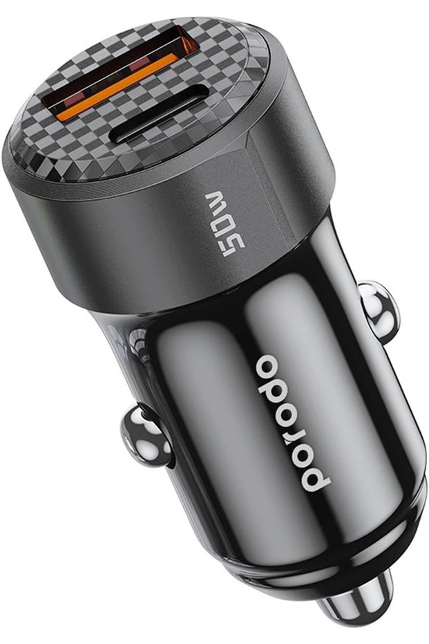 Dual Port Car Charger 50W, 20W PD, 30W QC, Multi Protection, Carbon Fiber Print, Lightweight - Black