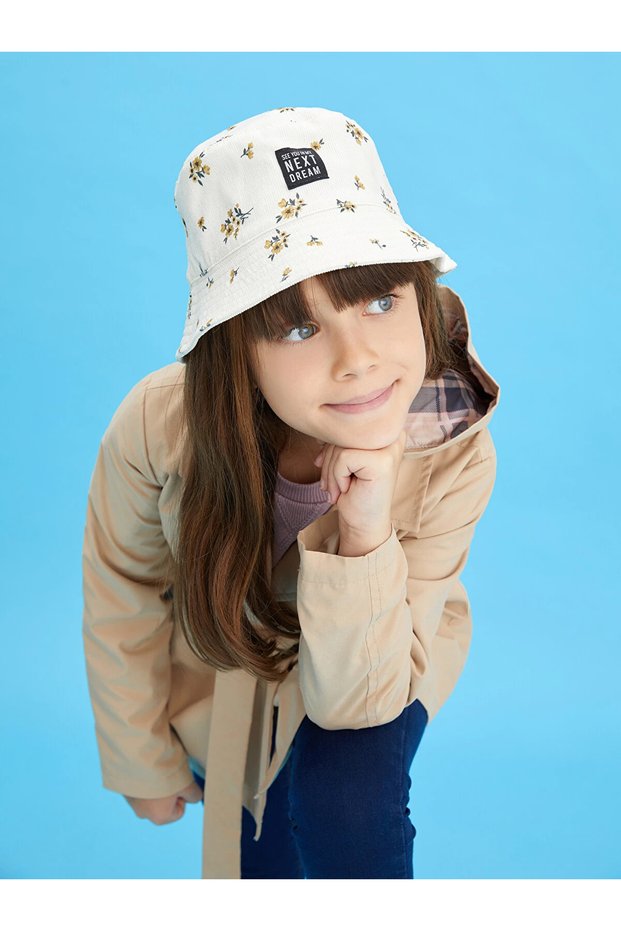 Lcw Accessories Ecru Floral Label Embroidered Girls' Velvet Bucket Hat