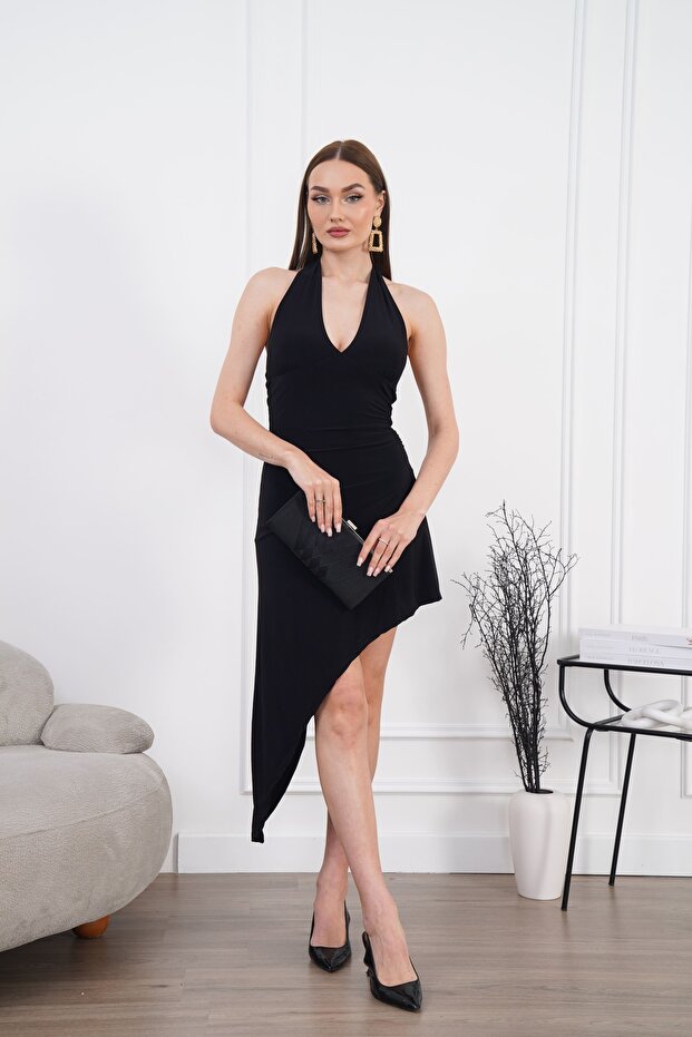 Women's Halter Neck Deep V-Neck Asymmetrical Backless Draped Midi Dress