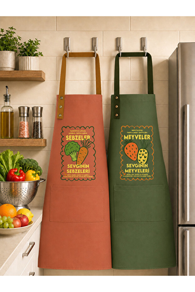 Kitchen Apron Set of 2 Stain-Resistant Water-Repellent Fabric Colorfast Print Fruit and Vegetable Patterned Double Kitchen Apron