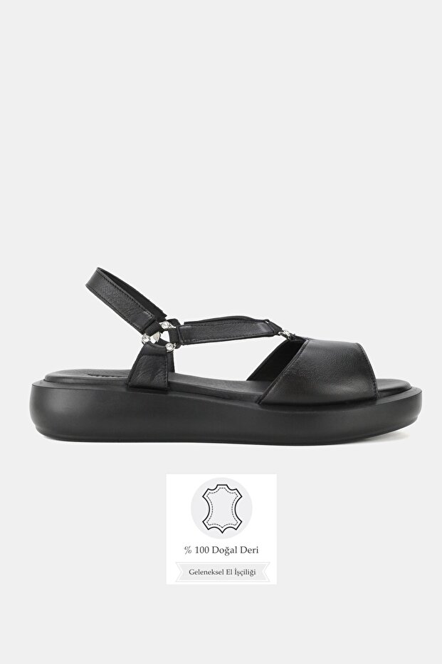 Women's Black Genuine Natural Leather Sandals with Stone on Flat Soles, Size 36-41