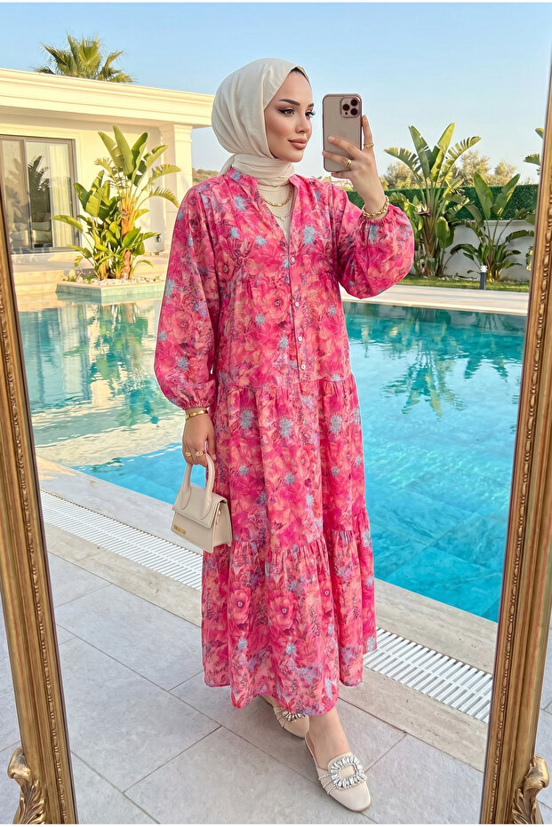Women's Floral Patterned Layered Hijab Dress (Unlined)