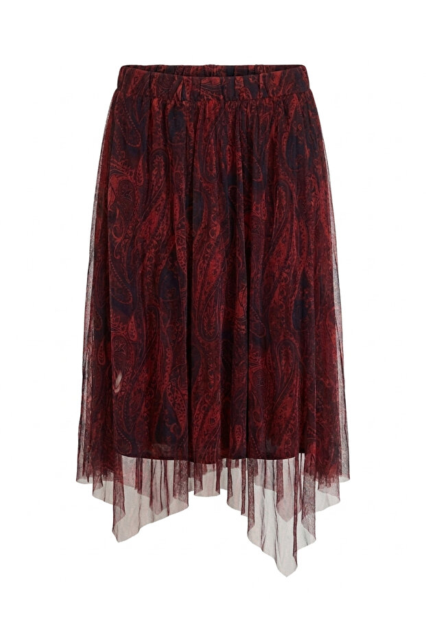 Asymmetrical Cut Ethnic Pattern Tulle Skirt - Red Red