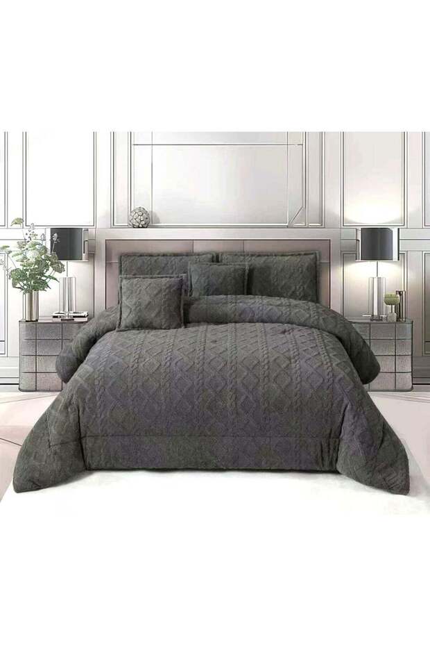 Dark Grey Embossed Luxurious King Size 6Pc Comforter Set