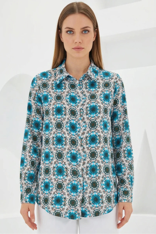 Women's Graphic Patterned Viscose B.Blue Shirt