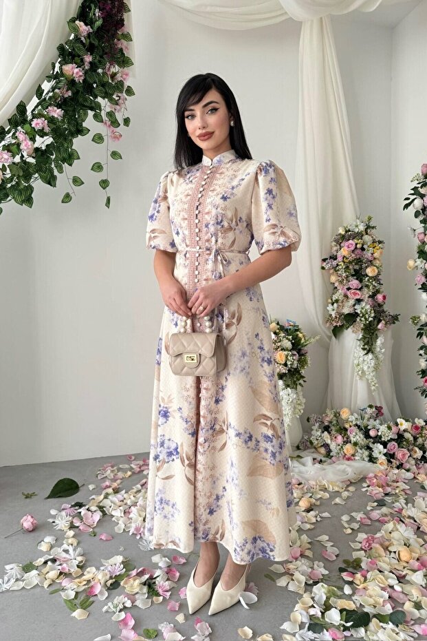 Belt Detailed Floral Patterned Buttoned Midi Length High Neck Dress