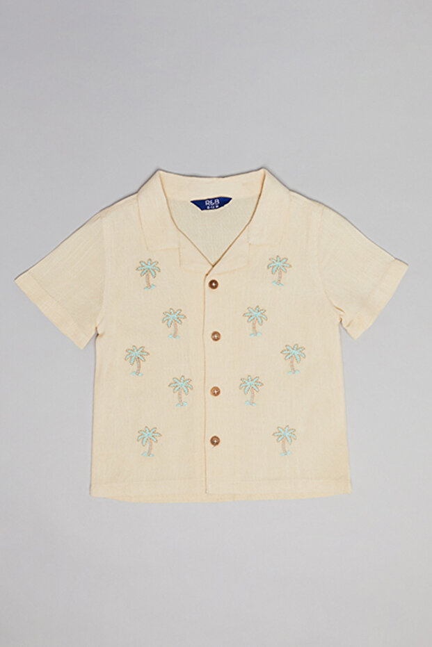 Embroidered Shirt with Revere Collar and Short Sleeves