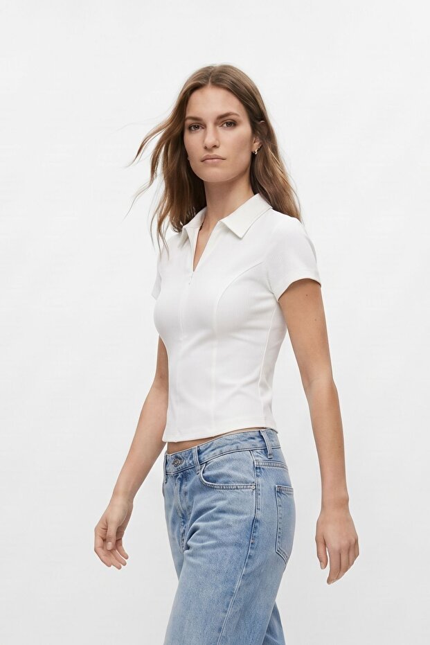 Ekru Polo Yaka Kısa Kol Crop Tişört 26651 - 1