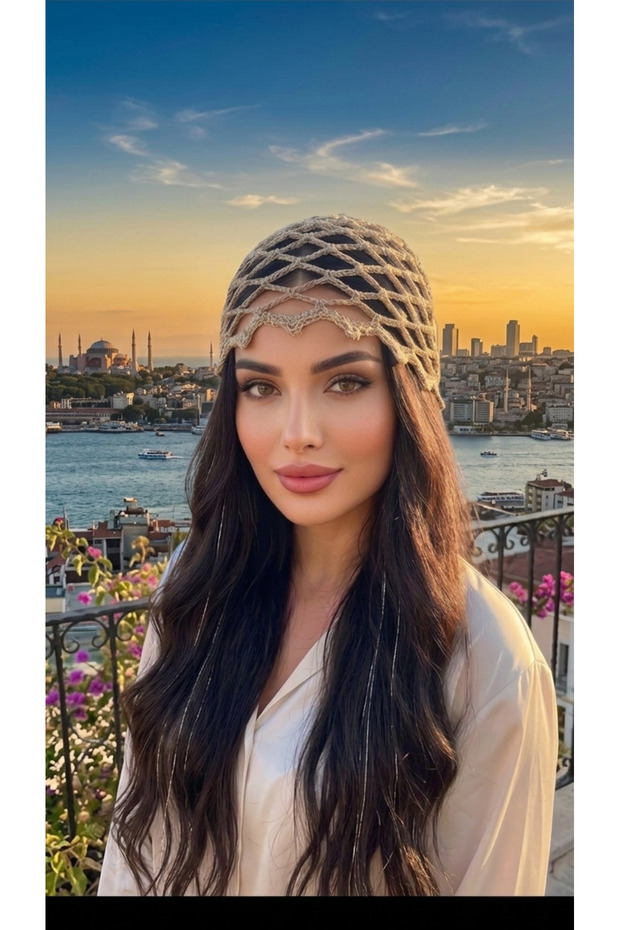 Beige Color Glittery Mesh Hat Summer Bandana