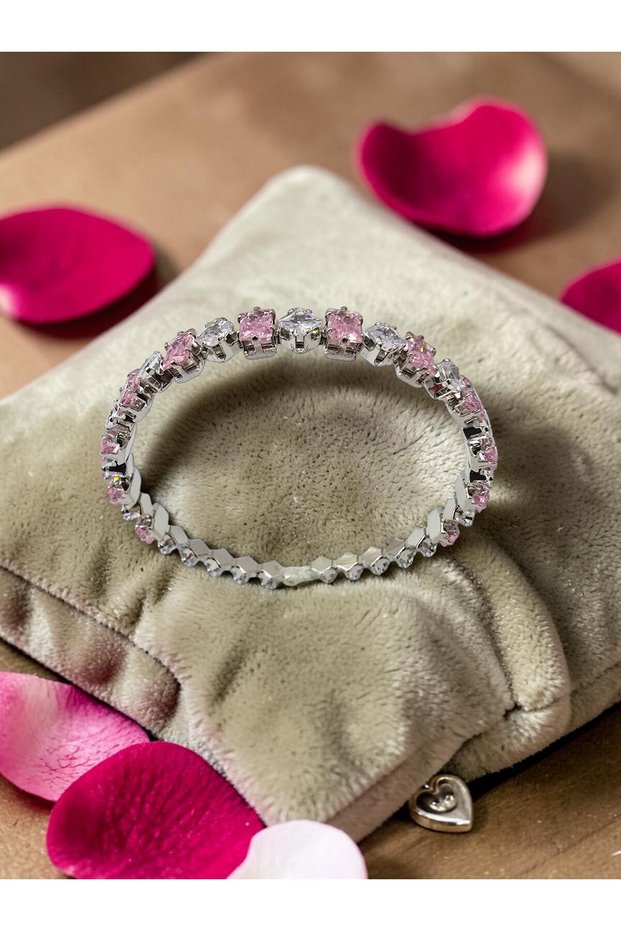 Silver Color White and Pink Zircon Stone Full Tour Eternity Steel Handcuff Bracelet-Tarnish Resistant